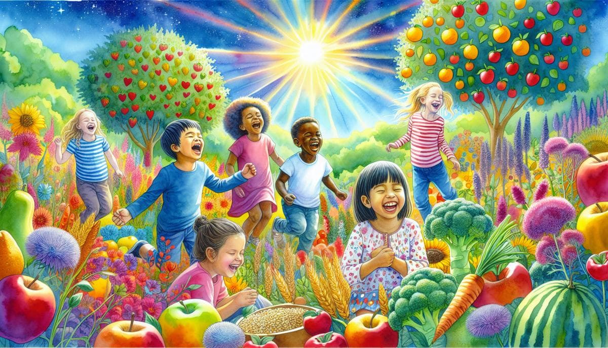 A vibrant and joyful watercolor painting of diverse children with special needs, laughing and playing together under a bright sun amidst a garden blooming with digestive-friendly foods like fruits, vegetables, and grains.

