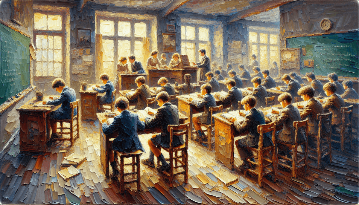 A painting of a classroom with students of various abilities working together, representing the concept of inclusive education.