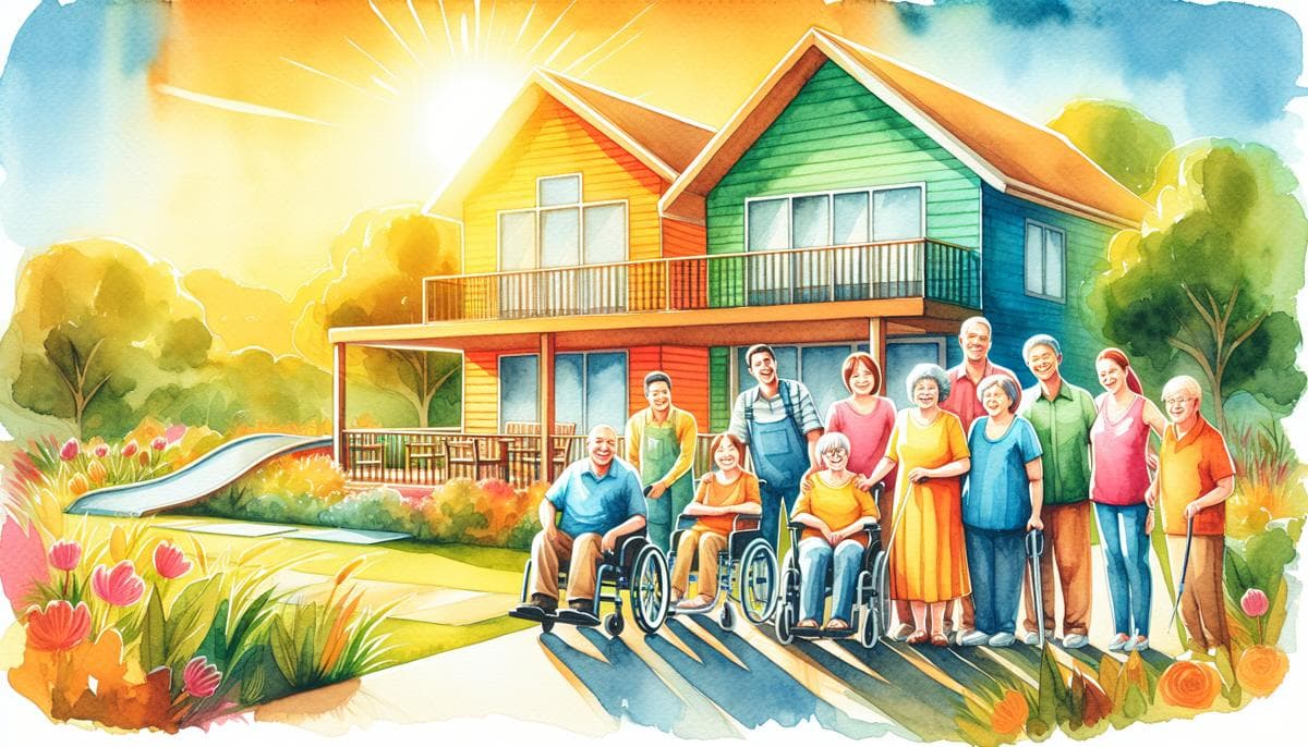 A colorful painting of a diverse group of people standing in front of an accessible house. They're all smiling and happy, representing a harmonious and inclusive living community.
