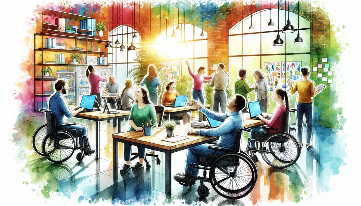 A vibrant watercolor portrays an inclusive office where a diverse team with special needs collaborates seamlessly in an accessible space. Advanced technology and natural light create an inspiring environment, fostering unity and productivity.
