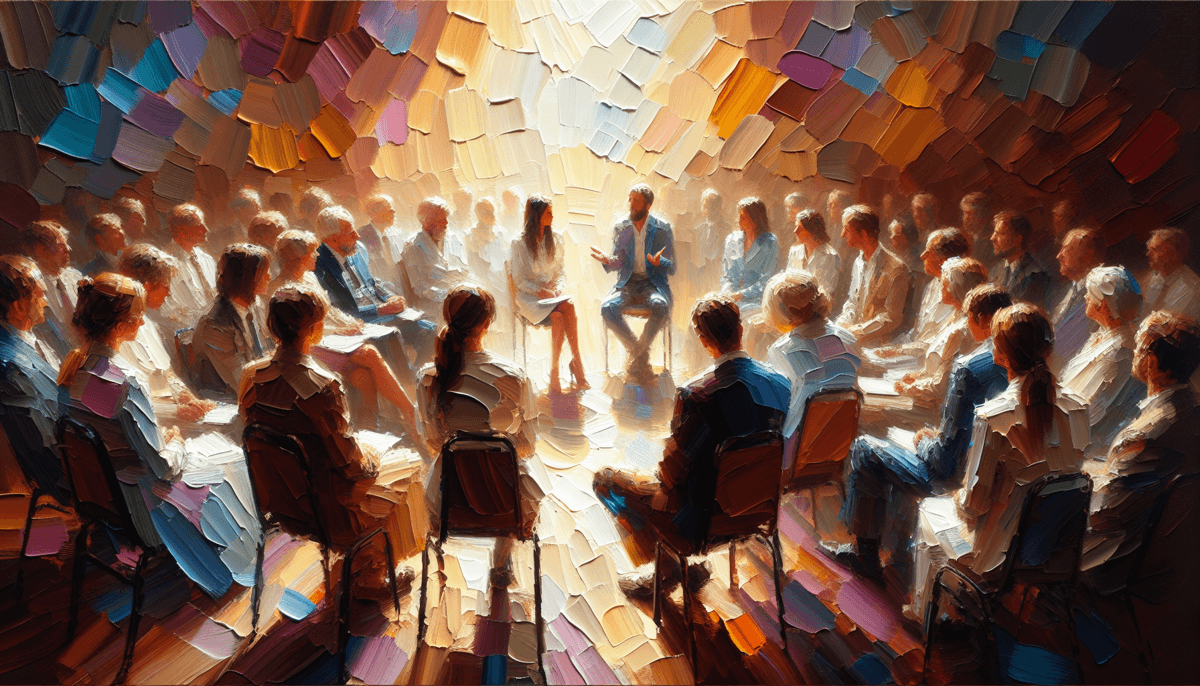 A painting of a group of people sitting in a circle, discussing cancer detection and support for special needs patients.