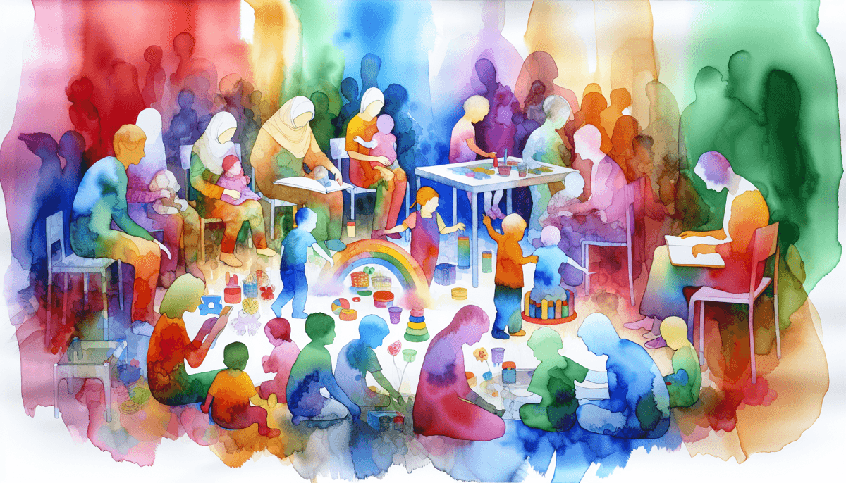 A colorful watercolor painting depicts a group of children and adults engaging in various activities, including playing with toys, reading books, and receiving therapy.