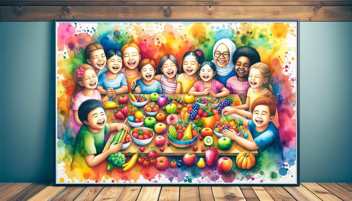 Joyful gathering of diverse individuals with special needs, smiling around a table of healthy food, symbolizing a supportive community that promotes gastrointestinal health.