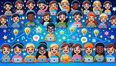 A vibrant, cartoon-style image of a diverse group of smiling children with different abilities, each using tablets and computers to learn. Some wear headphones, and each child is depicted engaged in a joyful and interactive online educational experienc...
