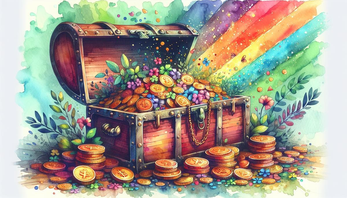 A vibrant watercolor painting depicting an open, overflowing treasure chest, symbolizing abundant financial aid opportunities for special needs individuals.