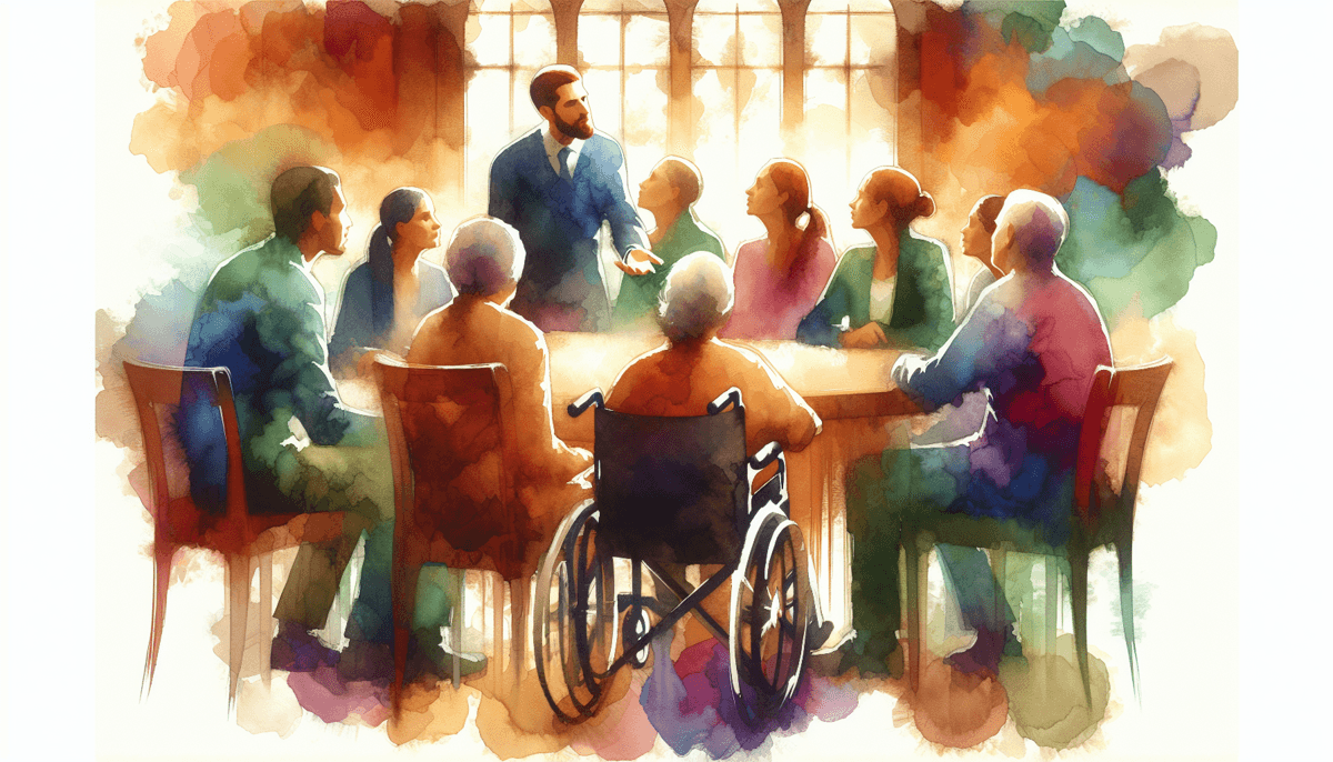 A colorful watercolor painting depicts a group of people, including a person in a wheelchair, gathered around a table, discussing financial and government benefits for individuals with special needs.