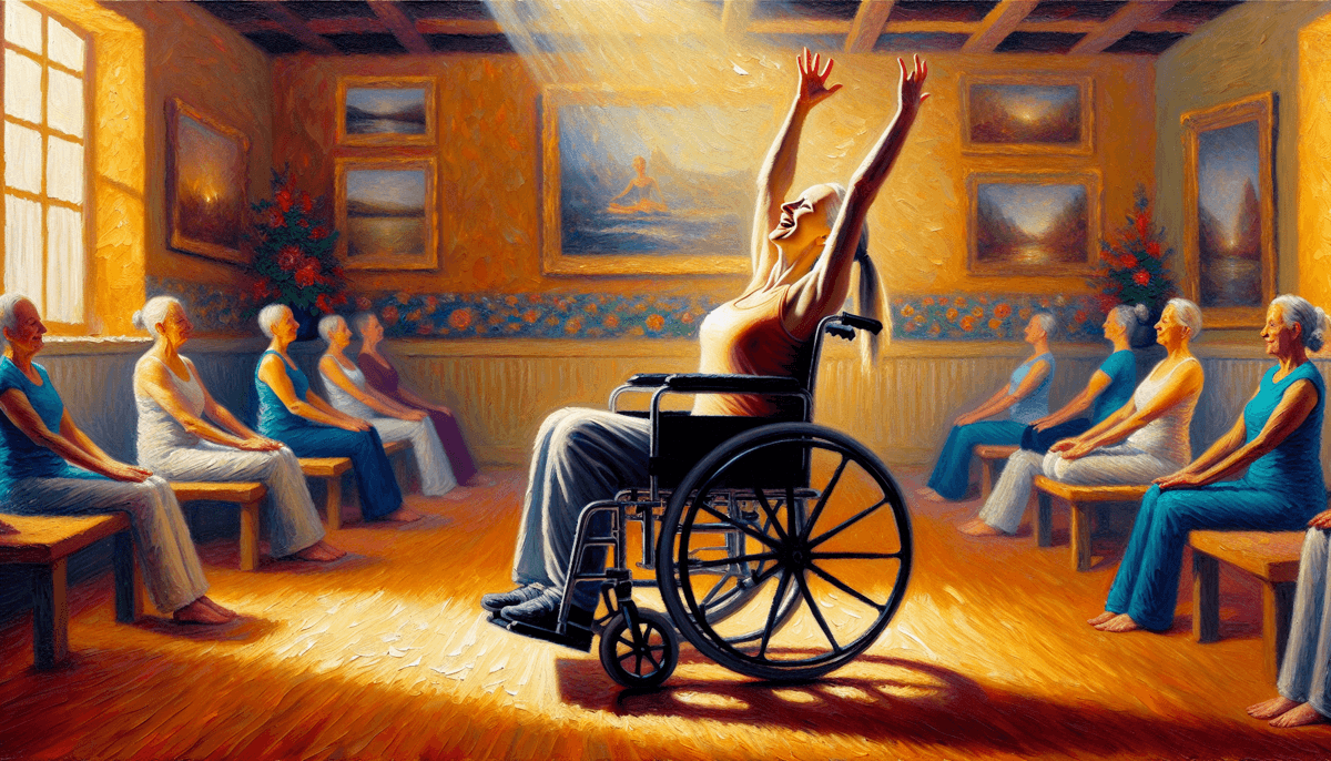 A woman in a wheelchair is practicing yoga in a studio. She is smiling and has her arms raised above her head.