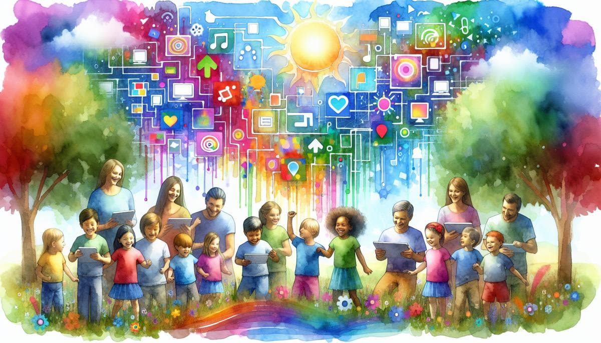 A vibrant watercolor painting depicts children and adults with autism interacting with digital screens in an outdoor setting. The cheerful scene evokes happiness, connectivity, and the transformative power of technology for the autism community.