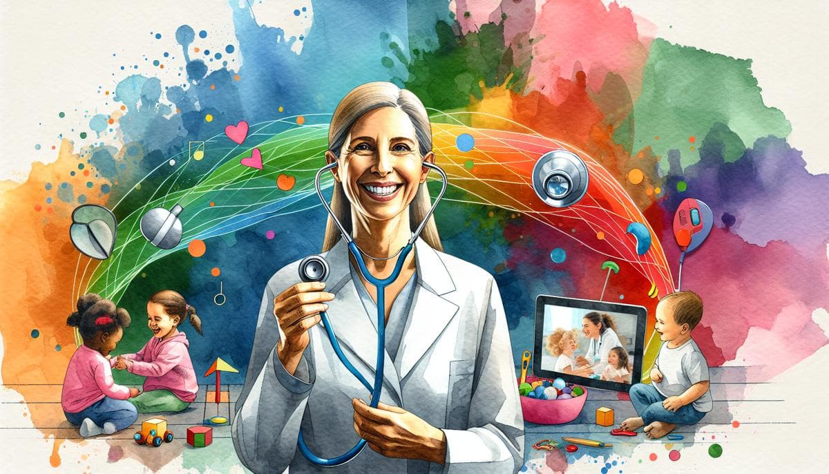 A watercolor painting of a joyful pediatrician holding a stethoscope, surrounded by colorful abstract shapes representing different early intervention tools - a hearing aid, a tablet displaying a telehealth session, and educational toys. The pediatrici...