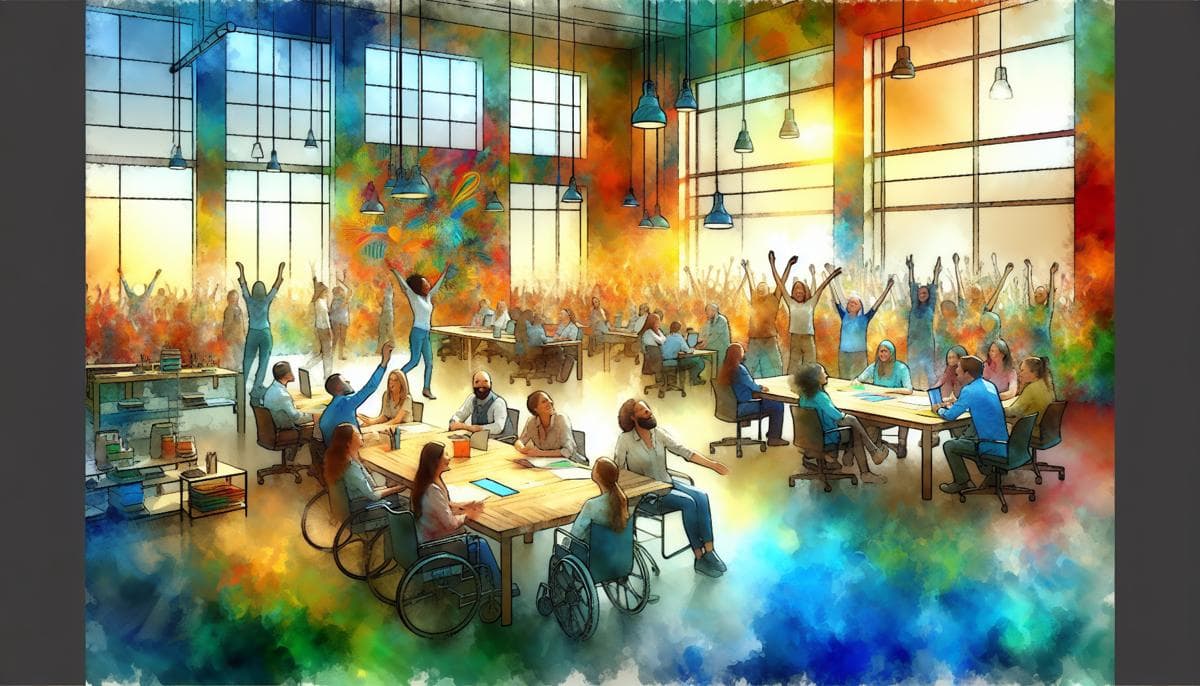 Joyous watercolor portrays an inclusive workplace, where diverse people, including those with disabilities, collaborate and support each other in a colorful and light-filled environment.