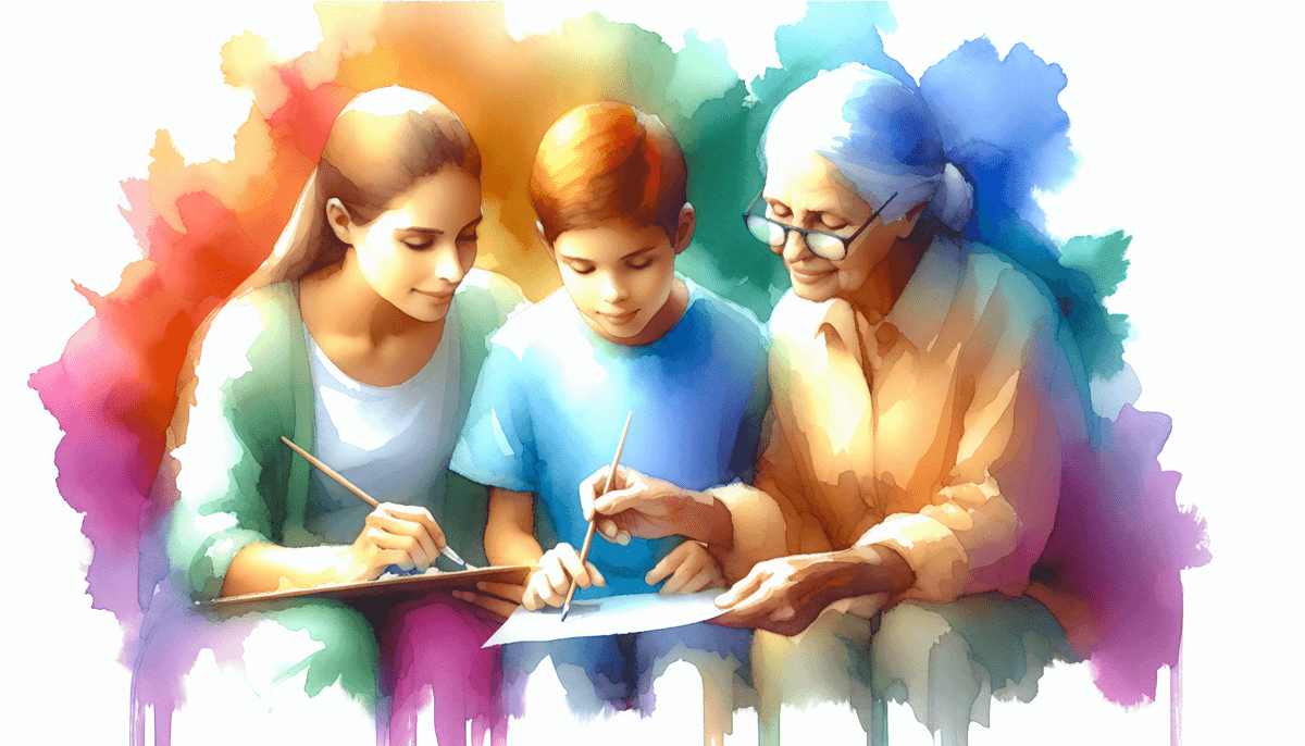 A watercolor painting of people with special needs, their families, and researchers working together to create a more inclusive future.