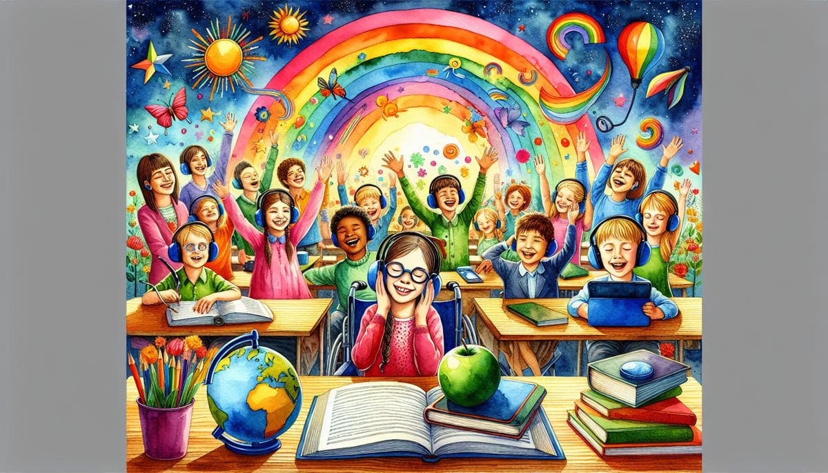 In a vibrant classroom, students of all abilities learn together, aided by technology. The room is filled with books, resources, and an atmosphere of hope and progress, creating an inclusive and dynamic learning space.