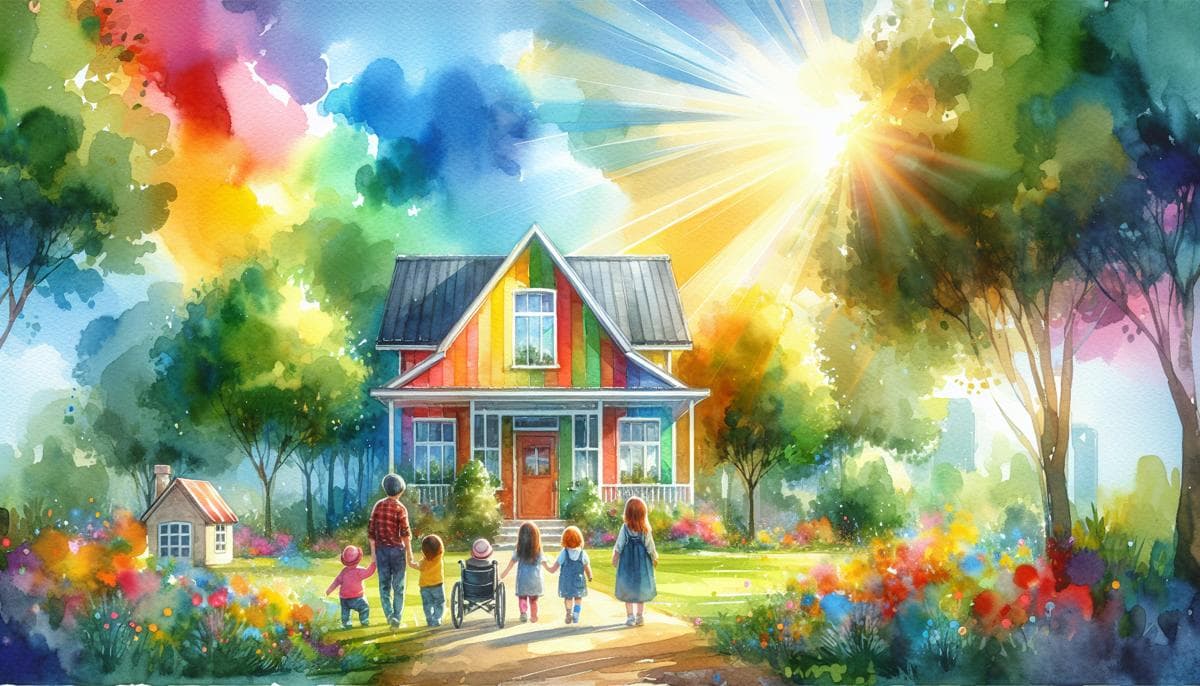 A joyful watercolor painting captures a diverse group amidst a vibrant house. The sun illuminates the scene, casting a warm glow of happiness and belonging.