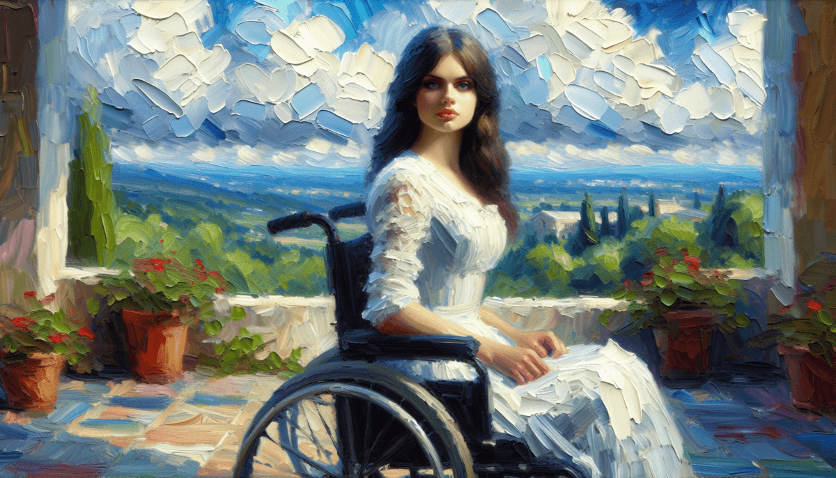 An oil painting of a woman with a disability looking at the camera. She has dark hair and is wearing a white dress. The background is a blue sky with clouds.
