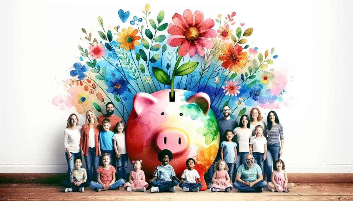 A cheerful, diverse group of special needs children and their families gathered around an oversized, colorful watercolor piggy bank with hand-painted flowers blooming from the top, symbolizing financial growth and support.
