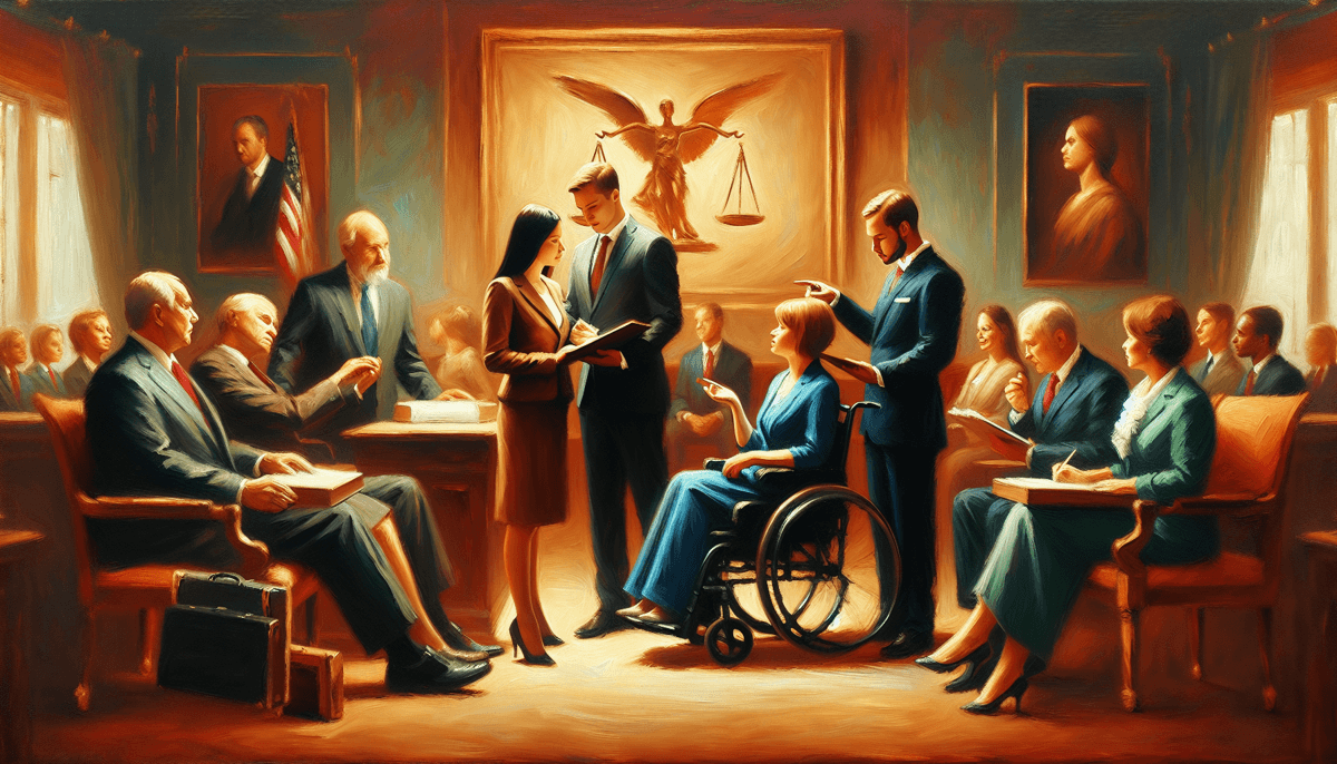 A detailed oil painting illustrates legal rights and government assistance for individuals with special needs, focusing on the Americans with Disabilities Act (ADA) and Individuals with Disabilities Education Act (IDEA).