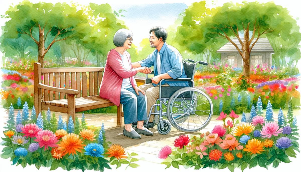 A vibrant watercolor depicts two smiling friends in a park. One person sits in a wheelchair, while the other sits close on a bench. They hold hands, surrounded by blooming flowers and a bright sky, conveying inclusivity and joy.