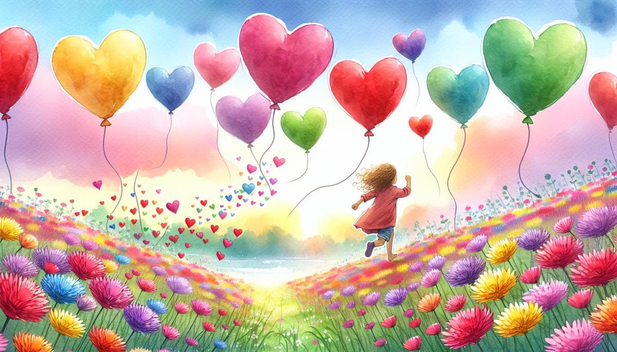 Vibrant child running in a flowery field, their path adorned with fluttering heart-shaped balloons, symbolizing hope in the journey against congenital heart diseases.