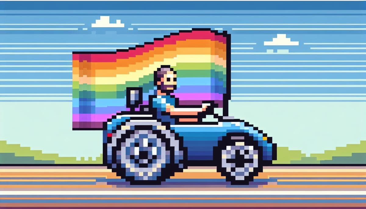A pixelated image of a person in a wheelchair driving a pixelated car.
