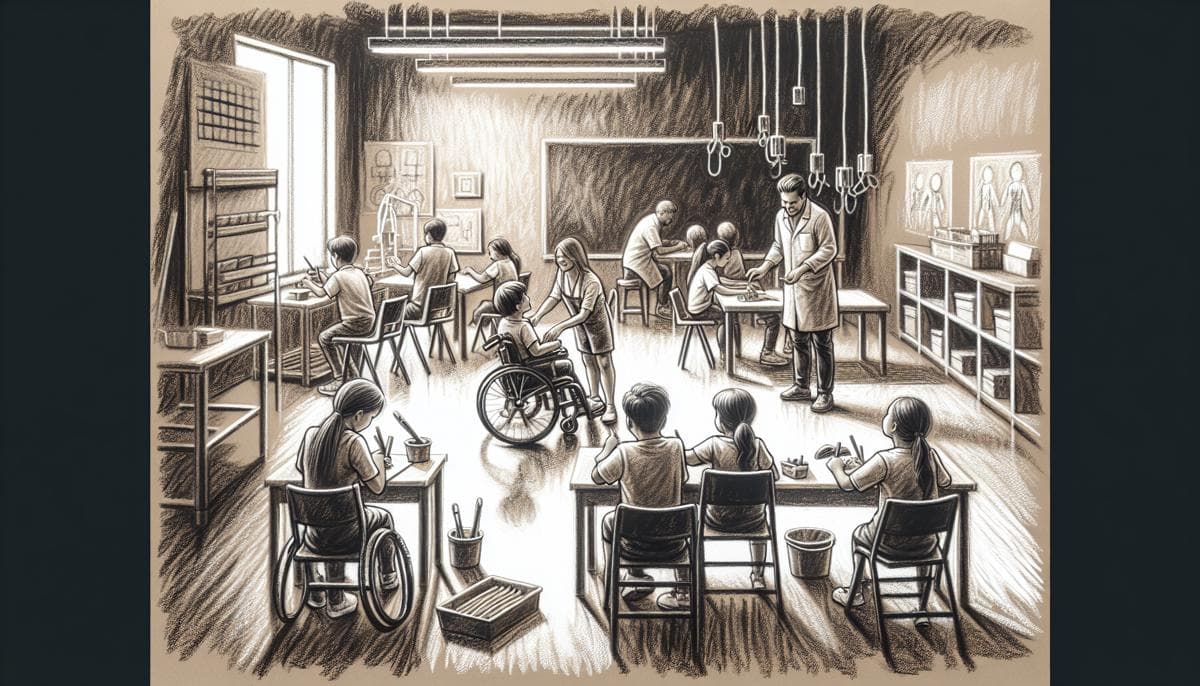 Expressive charcoal drawing featuring a classroom environment with students. The image conveys the challenges and accommodations of managing epilepsy in educational settings.