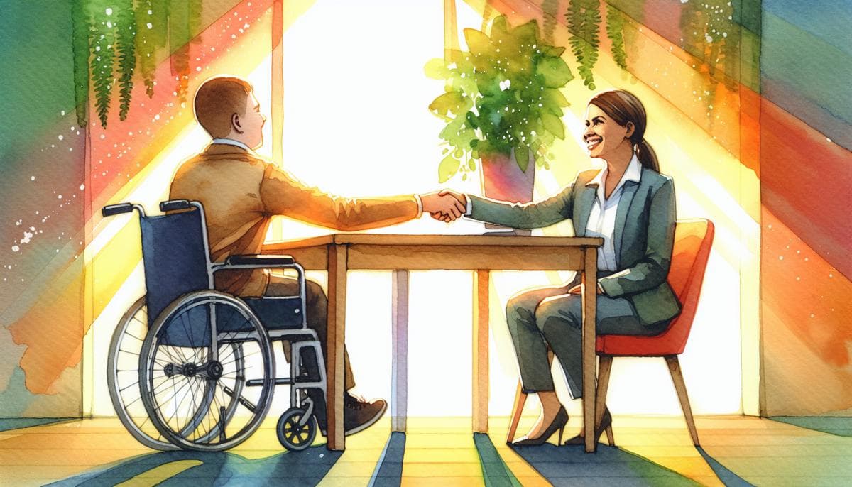 Watercolor scene depicts a joyful job interview between a candidate with special needs and a welcoming interviewer. Set in a vibrant office with greenery and warm light, their handshake across a sunny table symbolizes a successful outcome.