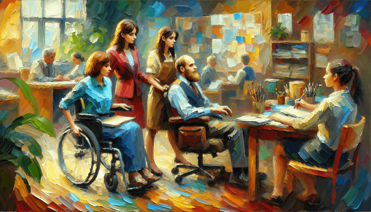 A colorful oil painting depicts a group of people, including individuals with disabilities, working together in a professional setting.