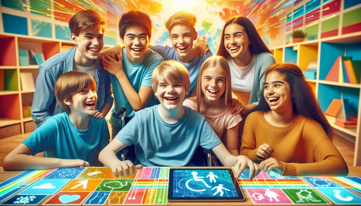 A group of students with varying disabilities using digital interfaces in a classroom. The students have smiles on their faces, and the classroom is bright, colorful, and diverse.
