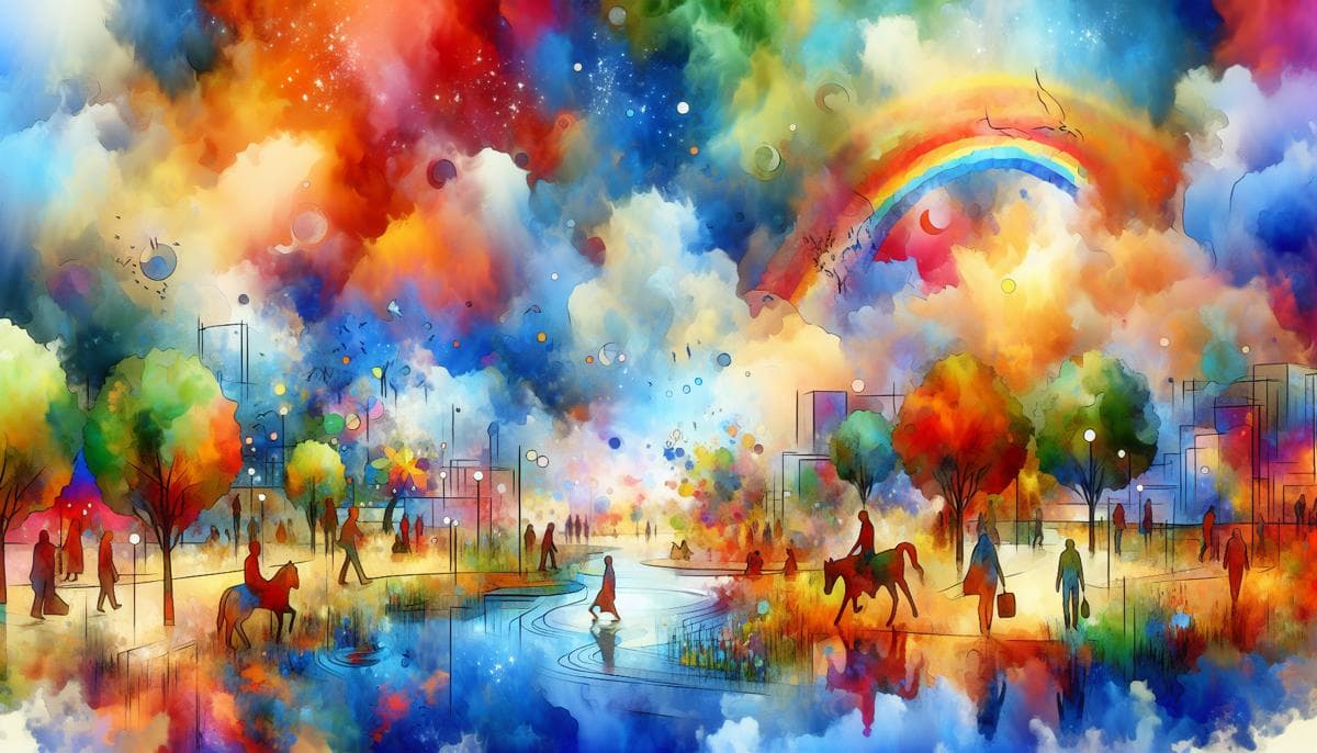 Colorful and bold watercolor painting depicting a joyful and vibrant scene, evoking the emotion of 'happy' in the viewer. The image showcases a sense of positivity and hope, aligning with the theme of International Angelman Day and the advancements in ...