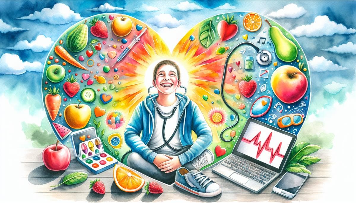 Smiling individual with special needs amidst a vibrant heart of healthy foods, medical care, exercise, and technology, conveying joy and a positive outlook.