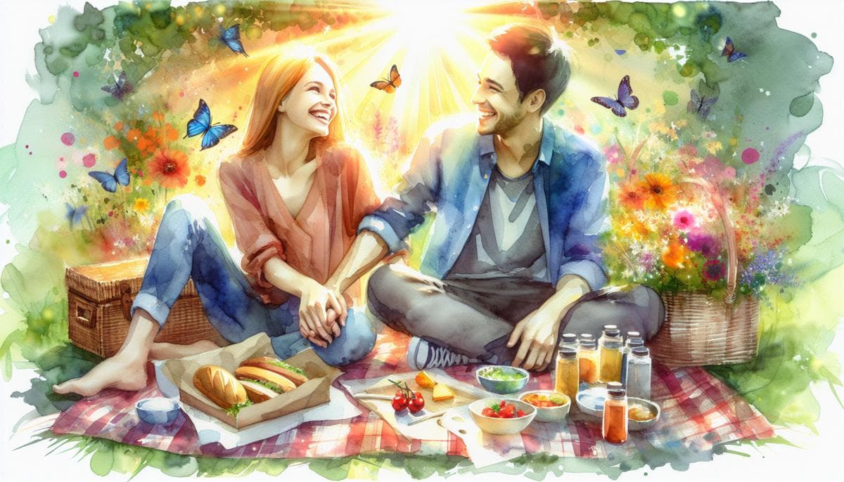 In a sunlit park, two companions share a joyful moment under a watercolor canopy. Their smiles shine as they sit hand-in-hand, surrounded by blooming flowers and fluttering butterflies. Their bond is as warm and radiant as their surroundings.