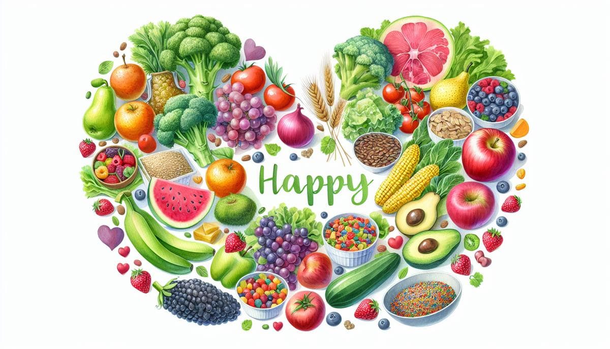 A cheerful, watercolor illustration showing a variety of healthy foods, such as colorful fruits, vegetables, whole grains, and lean proteins, elegantly arranged in a heart shape, symbolizing the joy and happiness derived from a balanced diet aiding in ...