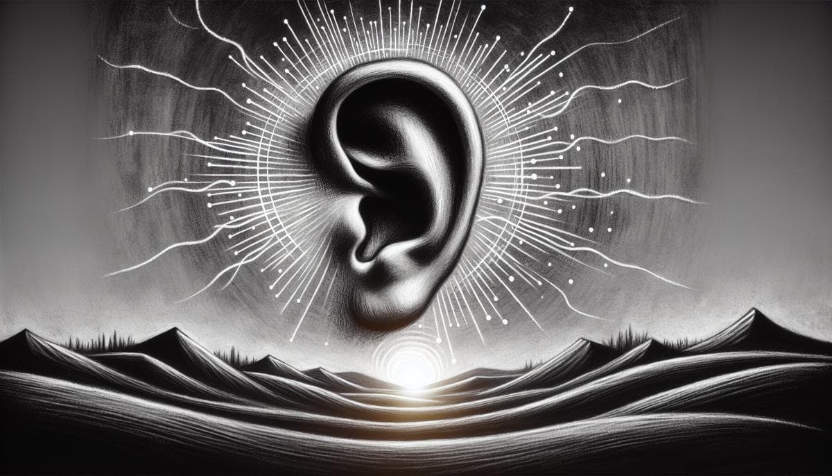 A charcoal drawing of an ear, with sound waves radiating out from it, representing the peaceful feeling of hearing clearly.
