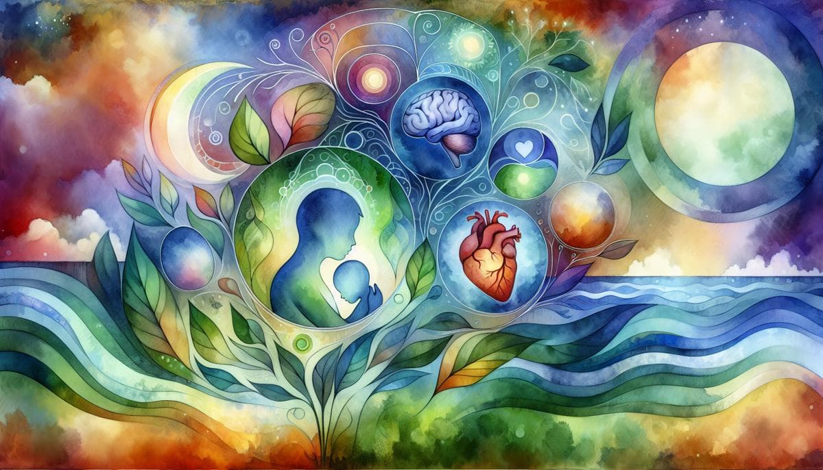 A colorful watercolor scene featuring a child with special needs, surrounded by a protective circle of medical psychiatry symbols like a brain, a heart, and a calming wave, all intertwined with soothing nature elements like leaves and soft, luminous or...