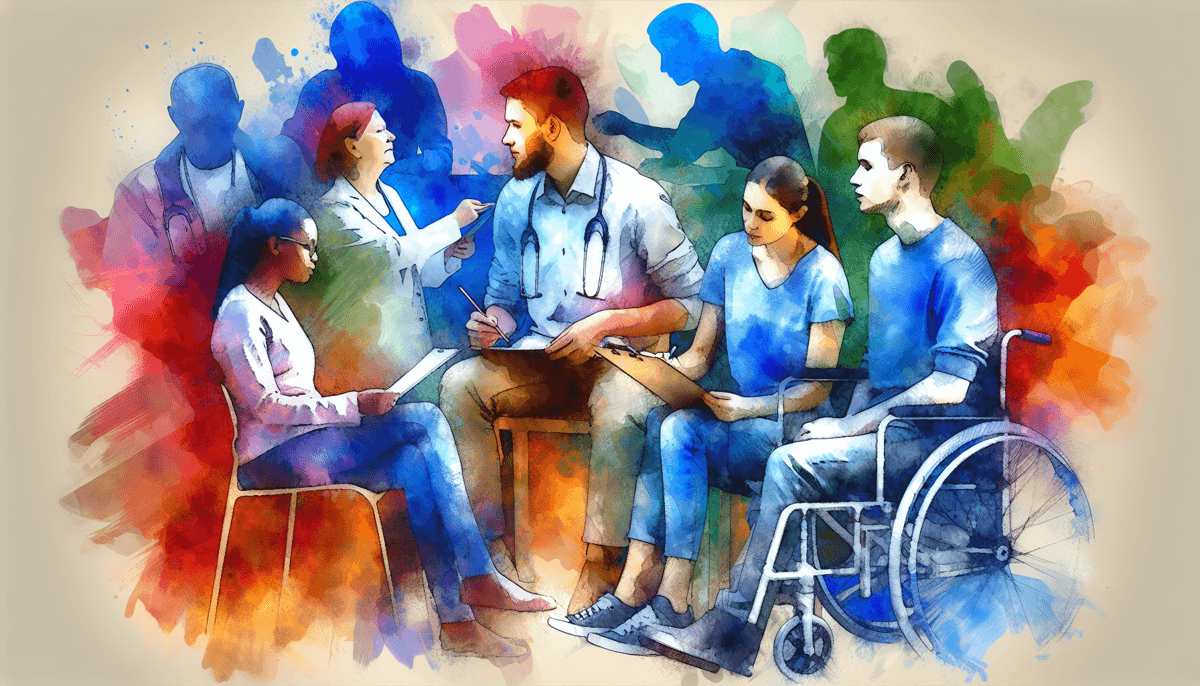 A vibrant watercolor painting depicts a group of people of diverse abilities engaging in research activities, including interviews, medical tests, and educational assessments.