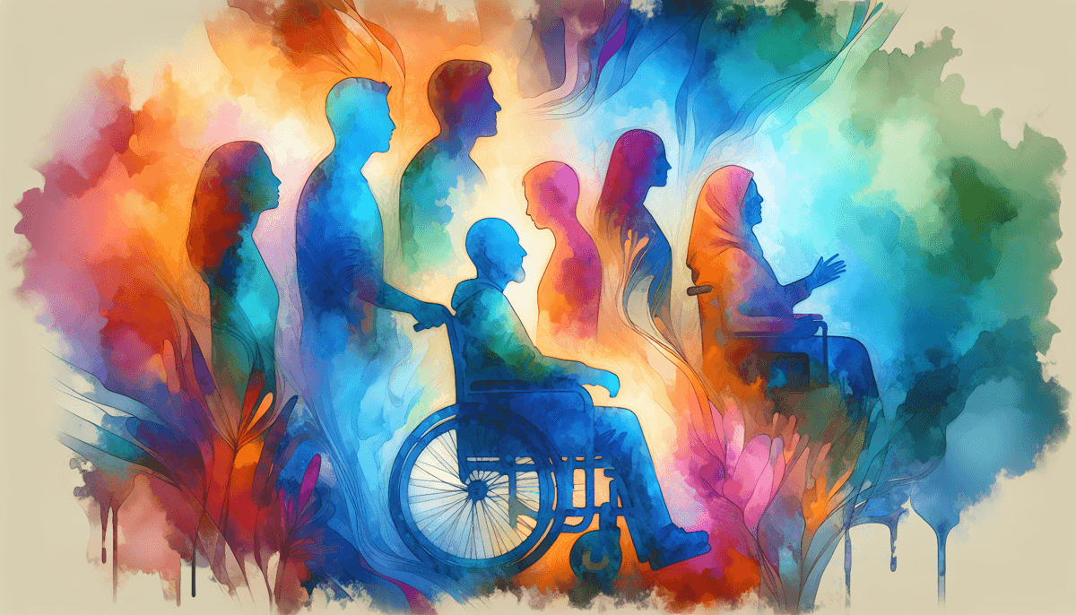 A vibrant watercolor painting of a person with a disability, surrounded by a supportive community of people and resources, highlighting the hidden job market for disabled job seekers.
