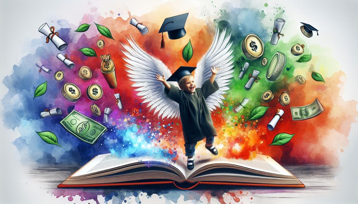 A joyous child with wings outspread, standing on an open book that has financial symbols and graduation caps lifting off its pages, all surrounded by a vibrant splash of watercolor hues.
