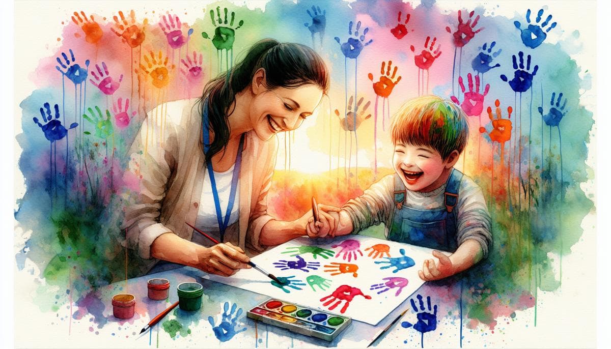 A joyful watercolor painting of a child with special needs engaged in a painting activity with an occupational therapist, both smiling as colorful handprints adorn the paper and surrounding space, surrounded by a vibrant spectrum of watercolor splashes...