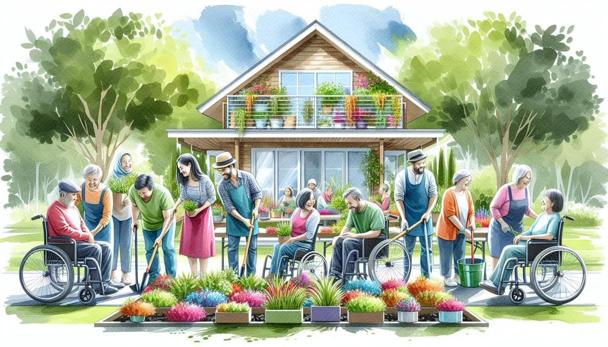A cheerful group plants together in an accessible garden, illustrating a happy, inclusive community. Vibrant watercolors convey joy and belonging.