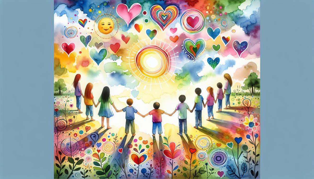 Joyous watercolor painting of individuals with Down syndrome holding hands under a sunny sky, surrounded by vibrant hearts and abstract shapes. The scene captures a moment of happiness and support.