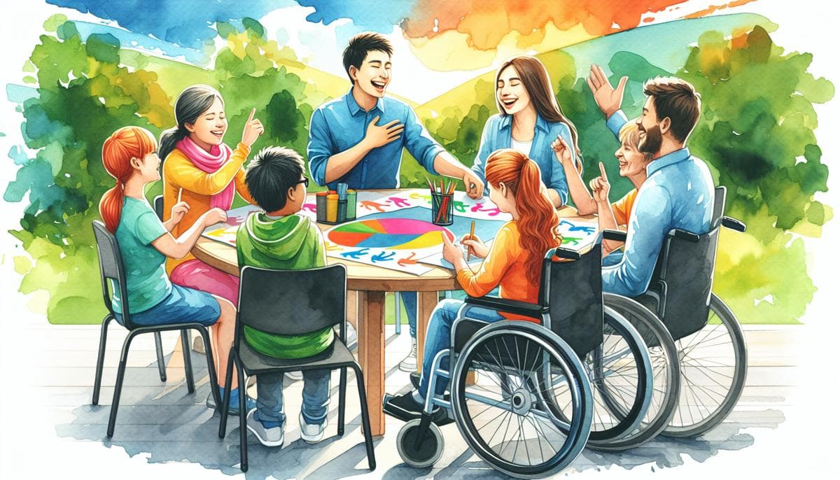 In a lively studio, a diverse team unites, their laughter and watercolors blending. Inclusivity shines as wheelchairs and sign language foster unity and joy, inspiring their vibrant artwork.