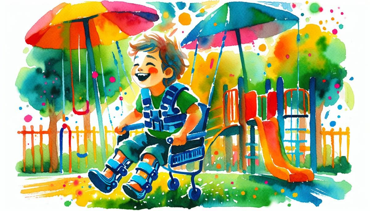 A vibrant watercolor painting illustration of a child in a brace used for scoliosis treatment playing happily in a playground, emphasizing bold colors and strokes.