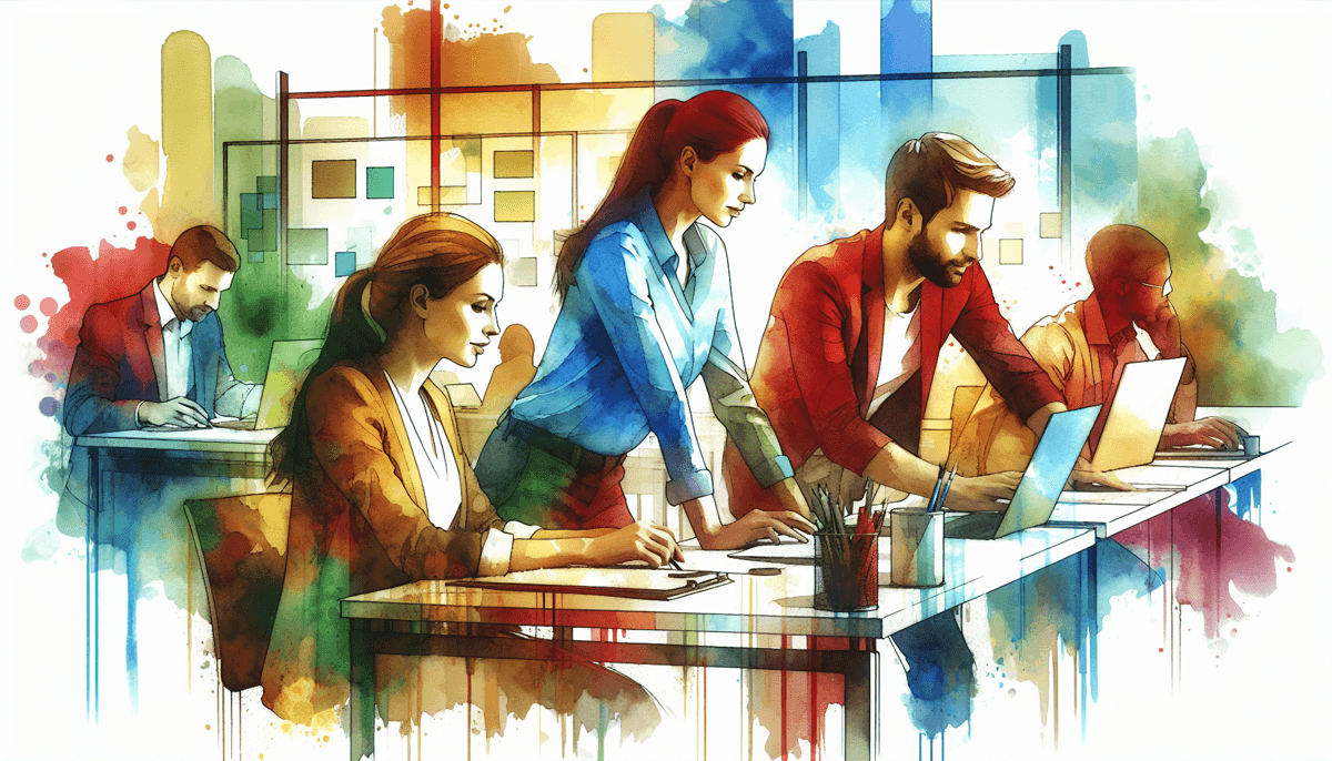 A colorful watercolor painting depicts a diverse group of people working together in an inclusive workplace. The painting highlights the benefits of inclusive employment, such as increased diversity, improved employee morale, and enhanced company reputati
