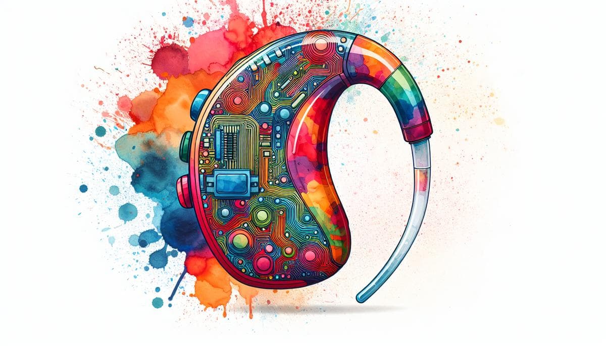 A vibrant watercolor painting of an abstracted hearing aid, the intricate circuits and parts represented by splashes of bold colors, symbolizing the innovative technology being discussed in the article.