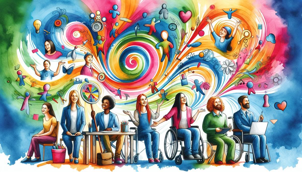 Vibrant watercolor depicts an inclusive workforce with individuals with special needs thriving in various roles. Their smiles and uplifting colors convey happiness and celebrate their contributions in an equitable workplace.