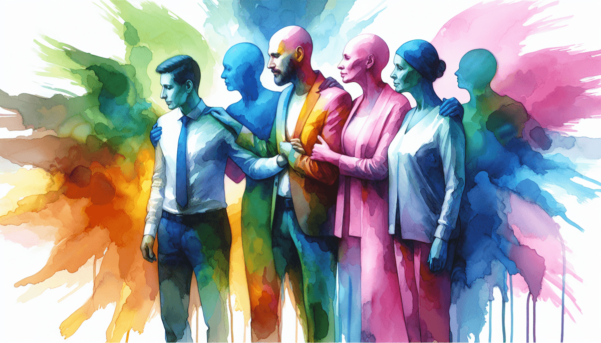 A colorful painting depicts people supporting each other through cancer, with text describing the physical, emotional, and financial challenges of cancer and the importance of finding support and hope.