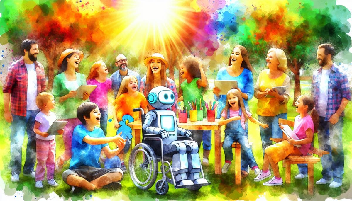 A vibrant watercolor painting depicts a diverse group of smiling children and adults with varying abilities engaging with each other and with technology in a sunny park. They celebrate happiness and unity.