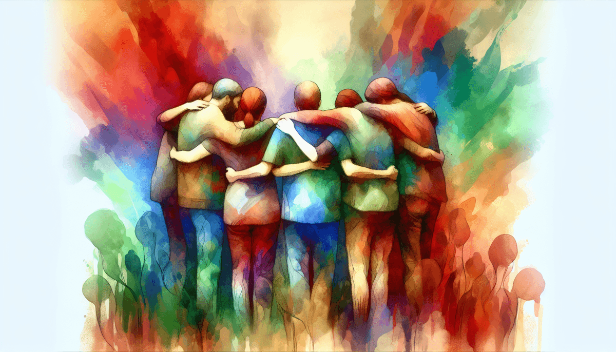A colorful watercolor painting depicts a group of people in a supportive embrace, symbolizing the power of community for individuals with muscular dystrophy.