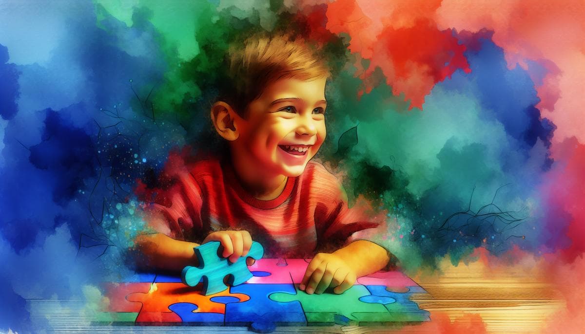 A vibrant watercolor painting of a smiling child with autism contentedly playing with a colorful puzzle, symbolizing a peaceful moment and the importance of a supportive approach to managing gastrointestinal health.
