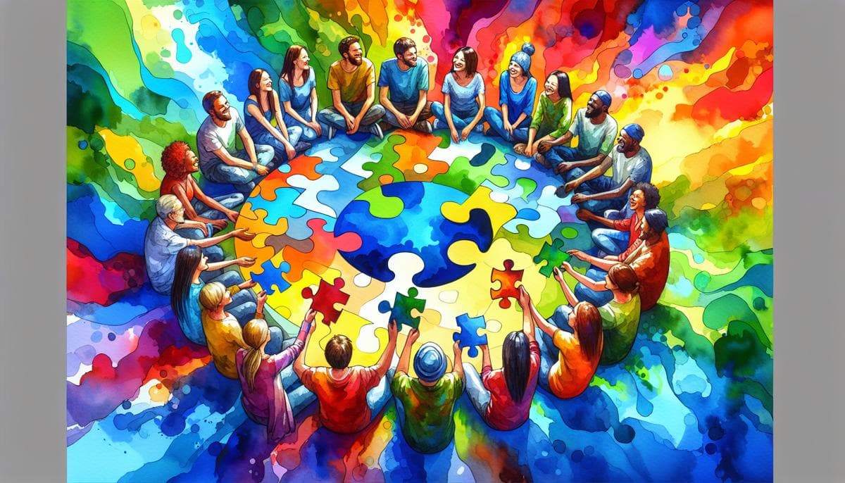 Vibrant watercolor painting depicts diverse group holding puzzle pieces, symbolizing unity against discrimination.