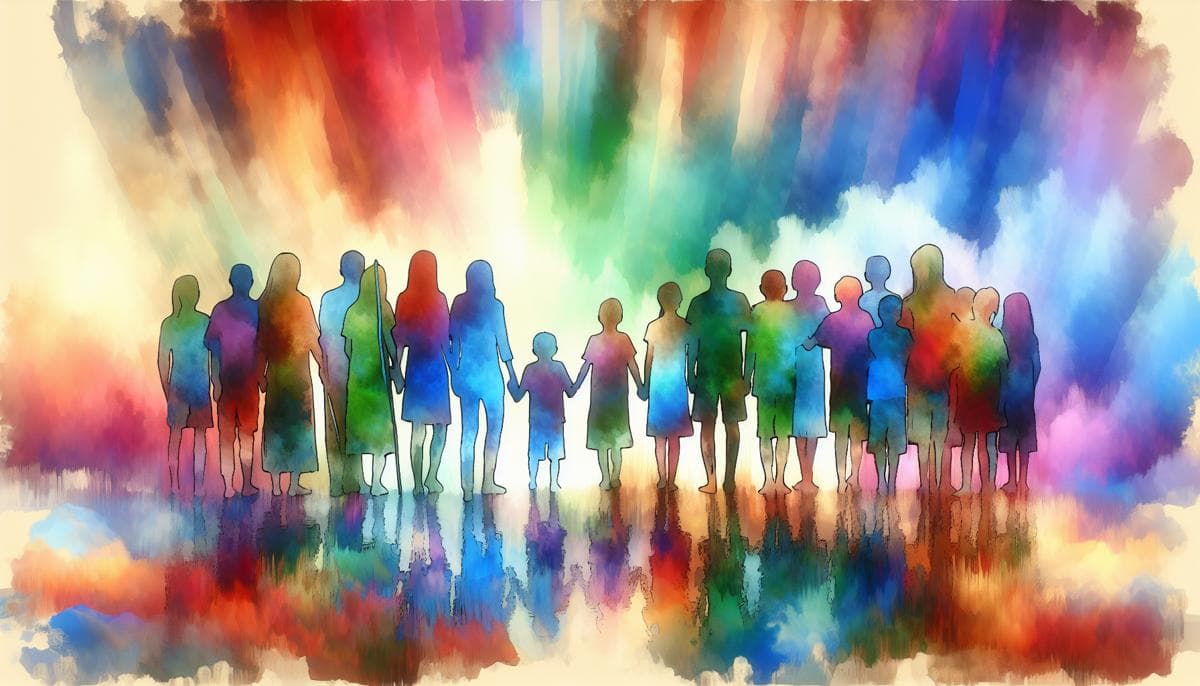 A colorful and bold watercolor painting depicting a group of diverse individuals standing together, symbolizing unity and support for individuals with Angelman syndrome. The vibrant and fluid nature of the watercolor medium evokes a feeling of happines...